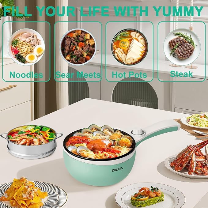 Dezin Hot Pot Electric with Steamer Upgraded, Non-Stick Sauté Pan, Rapid Noodles Electric Pot, 1.5L Mini Pot for Steak, Egg, Fried Rice, Ramen, Oatmeal, Soup with Power Adjustment