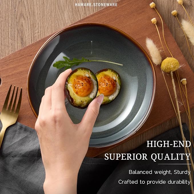 HaWare Plates and Bowls Set, Stoneware Dinnerware Sets, 24-Piece Hand-painted Dishware for 6, Ceramic Dinner Set for Home Kitchen, Scratch Resistant, Microwave and Dishwasher Safe, Reactive Moss Green