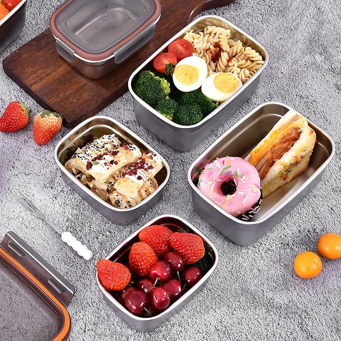 Stainless Steel Airtight Food Storage & Bento Lunch Box Set of 6 - Leakproof Seal, Dishwasher & Freezer Safe, Stackable, 3 Sizes (19.4/38.8/67oz) for Meal Prep, Work, Travel