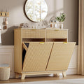 Double Tilt Out Laundry Hamper Cabinet, 20 Gallon Wooden Trash Can Cabinet with Drawers, Hidden Fluted Bathroom Storage Cabinet for Kitchen, Living Room (Natural Wood, 39.34"W x 35.83"H x 13"D)