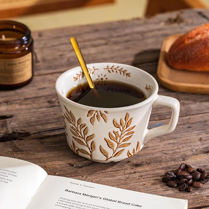 Ceramic Mugs 11oz and 2 Spoons, Coffee Cup Set of 2, 3D Carved Cup, Modern Coffee Mugs For Tea Latte Cappuccino Cocoa, Housewarming Wedding Gifts, Microwave Dishwasher Safe
