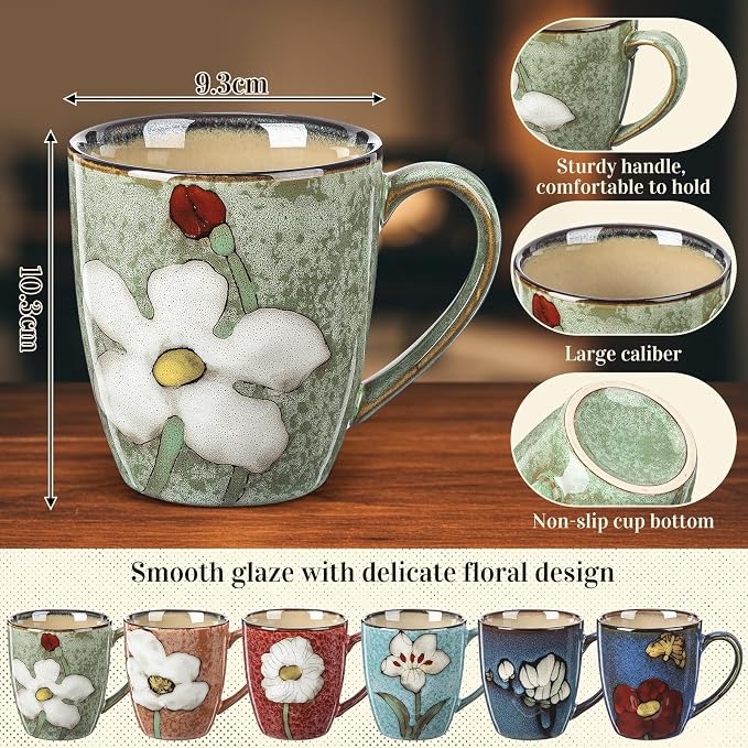 Maxdot 6 Pcs 12oz Ceramic Coffee Mugs Sets Glazing Process Cappuccino Mug Floral Ceramic Tea Cups Idea Gift Set for Women Porcelain Cup for Coffee, Cocoa, Tea, Latte (Retro) (Retro)