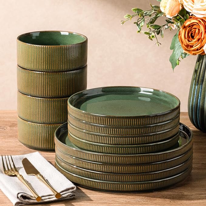 GBHOME Stoneware Dinnerware Sets for 4, 12 Pieces Lightweight Ceramic Ribbed Plates and Bowls Set, Reactive Glaze Stackable Plate Sets, Scratch Resistant Dishes, Microwave & Dishwasher Safe,Sage Green