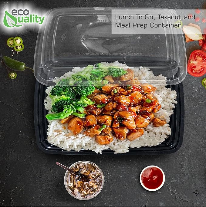 32 oz Reusable Food Storage 100 Pack Containers with Lids by EcoQuality – Rectangular BPA Free Freezer, Microwave & Dishwasher Safe – Airtight & Watertight Stackable, Lunch Meal Prep, To-Go, Bento Box