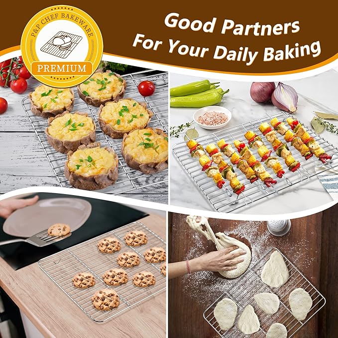 P&P CHEF 12.5 Inch Baking Sheet Pan with Rack Set, Stainless Steel Cookie Sheet Pan Tray with Cooling Rack for Oven Use, Cooking Roasting, Non Toxic & Dishwasher Safe, Heavy Duty