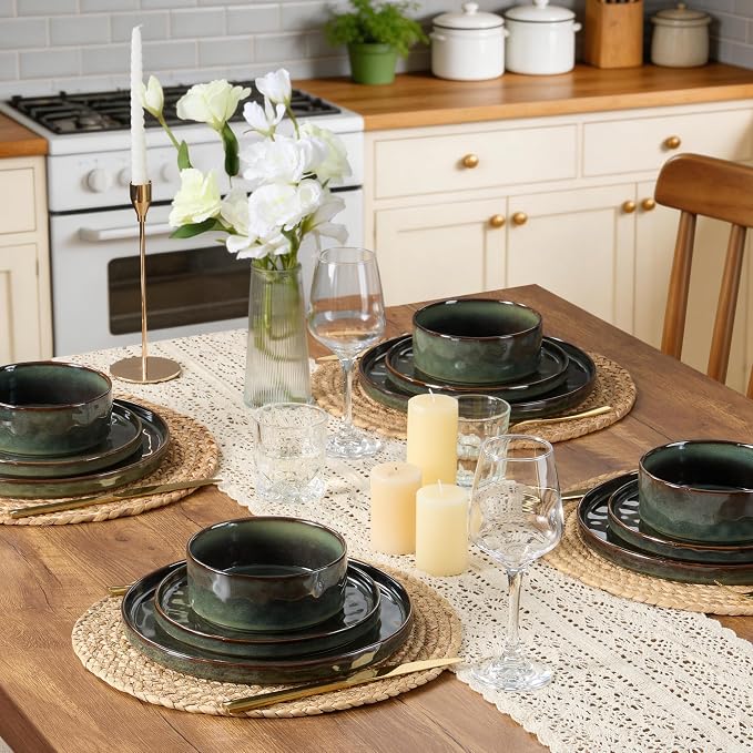 LIANYU Dinnerware Dishes Sets for 4, 12 Piece Stoneware Dinner Plates and Bowls Set, Ceramic Dinning Dishware Includes Salad Plate, Cereal Bowls, Chip Resistant & Dishwasher Safe,Moss Green