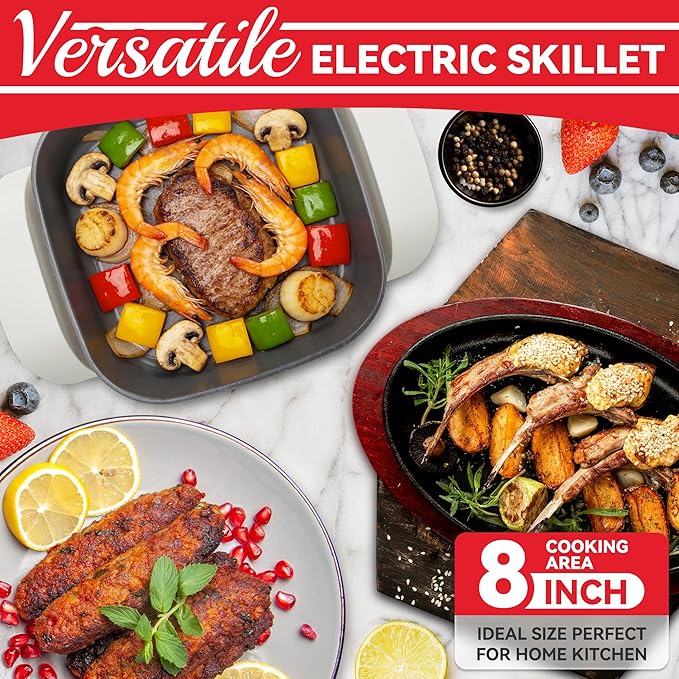 SugarWhisk 8-inch Ceramic Coated Electric Skillet with Lid, Non Stick Skillet Griddle Pan Electric, Rapid Heat Up, 650W, Breakfast Skillet, Kitchen Appliances for Cooking, White