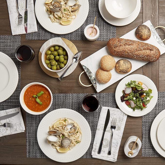 Tabletops Gallery Embossed White Porcelain Round Dinnerware - Bloom 12 Piece Dinnerware Set