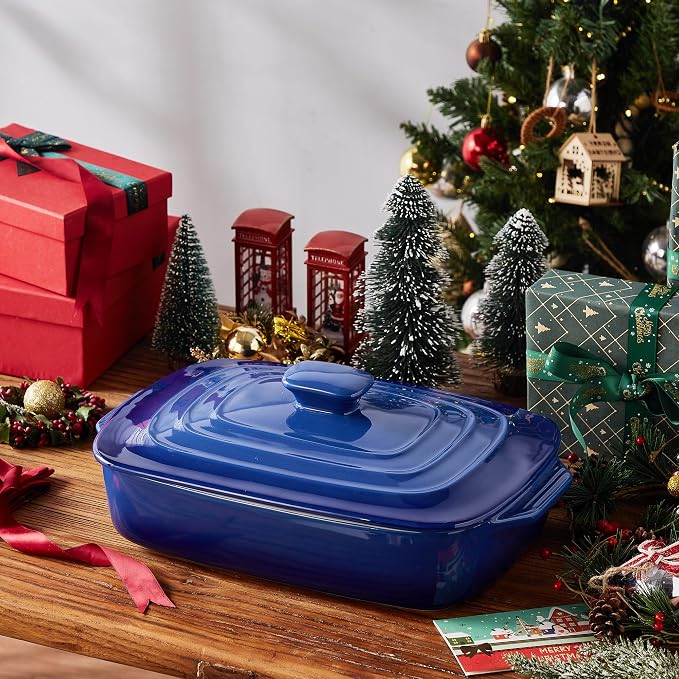 Lareina Large Ceramic Casserole Dish with Lid, 4.0 Quart Covered Rectangular Stoneware Baking Dishes for Oven, Deep 9x13 Inch Lasagna Pans for Baking and Serving, Perfect for Christmas, Blue