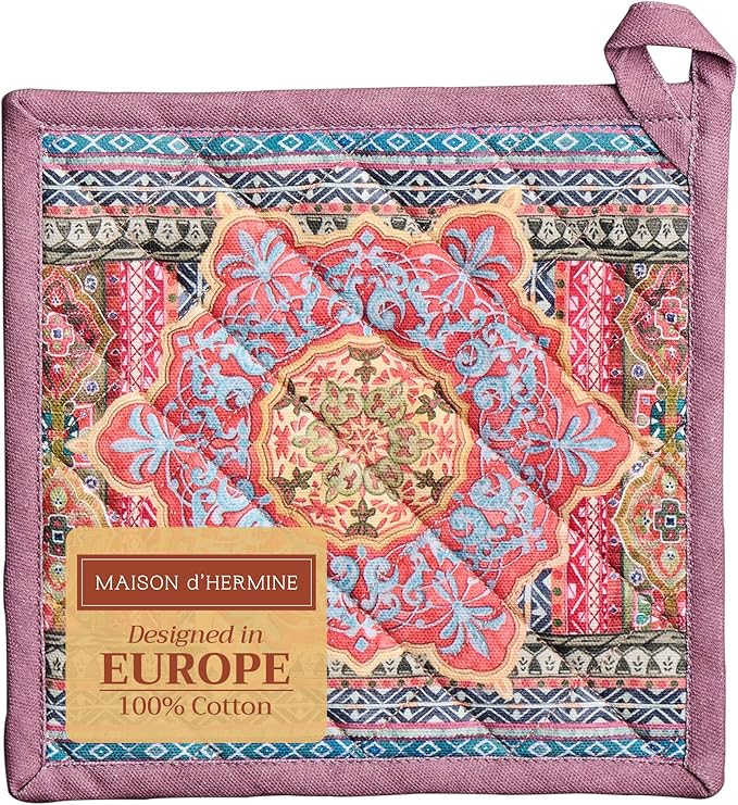 Maison d' Hermine Pot Holders 100% Cotton Heat Resistant Potholders 8" x 8" Hot Pads with Loop for Thanksgiving Christmas Decorations BBQ Cooking Baking Handling Hot Pans (Pack of 1, Ispahan)
