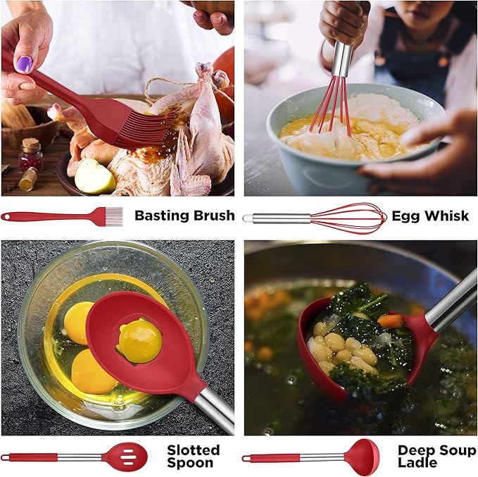Essential Kitchen Duo: Stainless Steel Garlic Press & 14-Piece Cooking Utensils with Holder Red