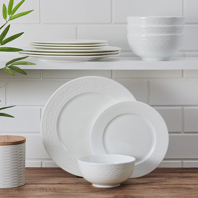 Mikasa Haven Bone China Lightweight Chip Resistant 12 Piece Dinnerware Set, Service for 4 White