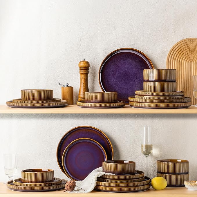 TheTerra Ceramic Dinnerware Sets for 8, 24 Pieces Porcelain Lightweight Plates and Bowls Sets, Scratch Resistant Dish Set, Oven & Microwave & Dishwasher Safe, Amber Amethyst