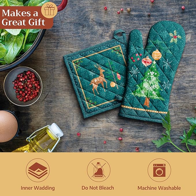 Maison d' Hermine Pot Holders Set 100% Cotton Heat Resistant Potholders 8" x 8" Hot Pads with Loop for Thanksgiving Christmas Decorations BBQ Baking Handling Hot Pans (Pack of 2, Hygge Christmas)