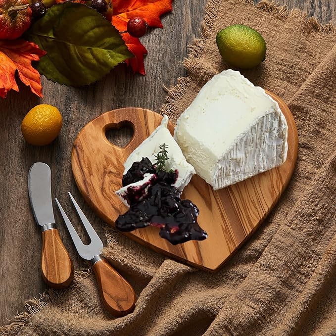 Patelai 1 Set Bridal Baby Shower Favor Heart Cheese Board with Knife, Wood Mini Charcuterie Board Thank You Gift Box for Guest Bridal Baby Shower Prize Wedding Valentines Birthday (Olive Wood)