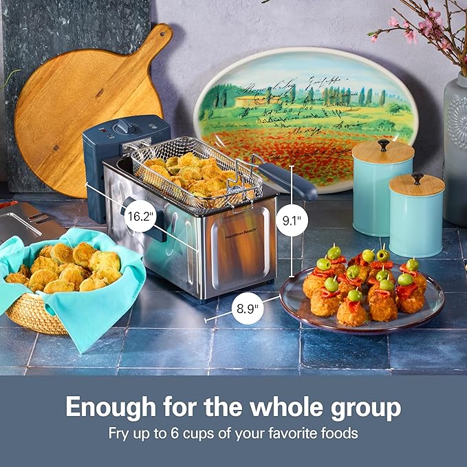 Hamilton Beach Family Style Electric Deep Fryer With Basket | 2 Liter / 8 Cup Oil Capacity | 1500 Watts | Lid | Easy Detach Magnetic Cord | Kitchen Makeover Blue | 35031