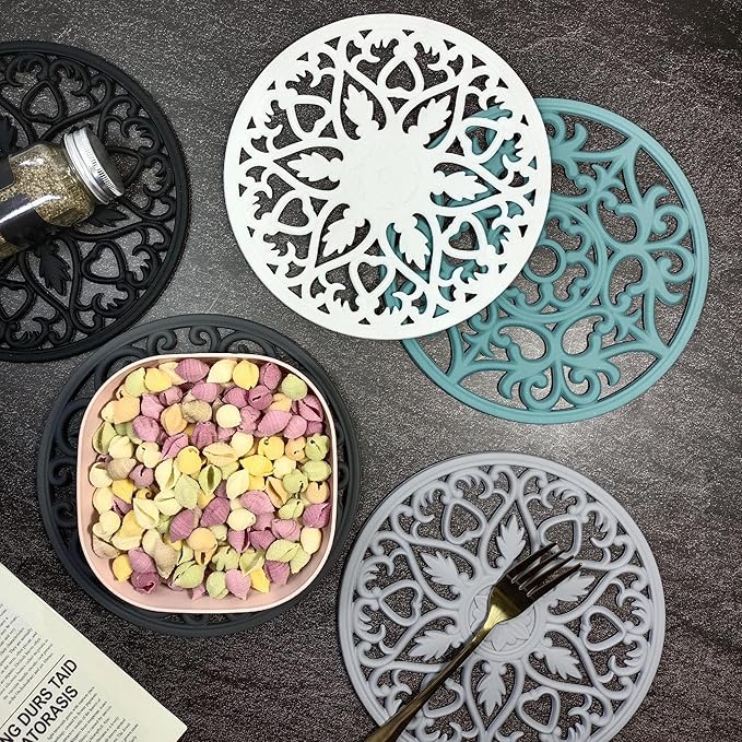 Silicone Trivets for Hot Dishes, Trivets for Hot Pots and Pans, Silicone Trivet Large for Kitchen Countertop, Non-Slip Heat Resistant Modern Pads for Kitchen Table, Round 6 Grey