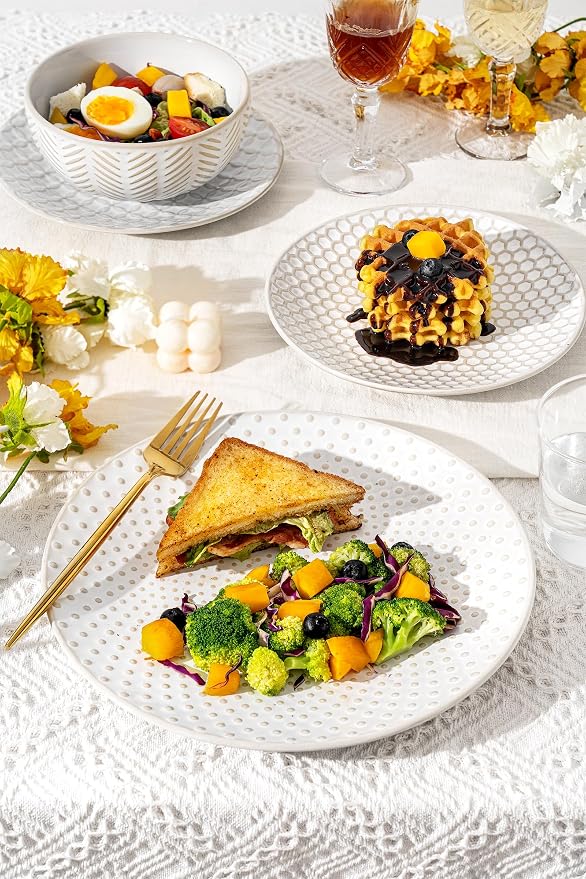 FOBENTA 24-Piece Embossed Ceramic Dinnerware Set–8 Dinner Plates, 8 Salad Plates, 8 Pasta Bowls,Elegant & Durable Tableware for Large Families, Dishwasher & Microwave Safe