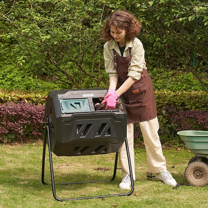 East Oak Compost Tumbler Outdoor, 43-Gal Dual Chamber Compost Bin with 2 Sliding Door and Aeration System, Tumbling Rotating Composter Bin for Kitchen, Garden, Yard