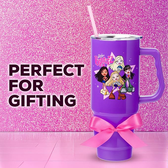Silver Buffalo Bratz Featuring Cloe, Yasmin, Jade, and Sasha Double Walled Stainless Steel Tumbler with Handle and Straw, Fits in Standard Cup Holder, 40 Ounces