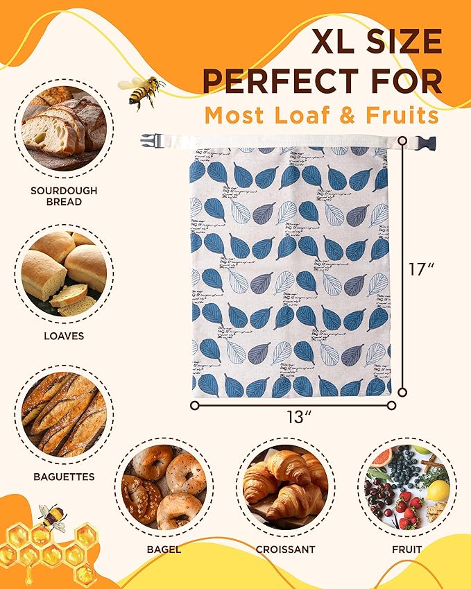 Reusable Beeswax Bread Bag for Homemade Bread, Extra Large Cotton Sourdough Bread Storage Bags, Freezer Safe Bread Keeper for Baker | Breathable material