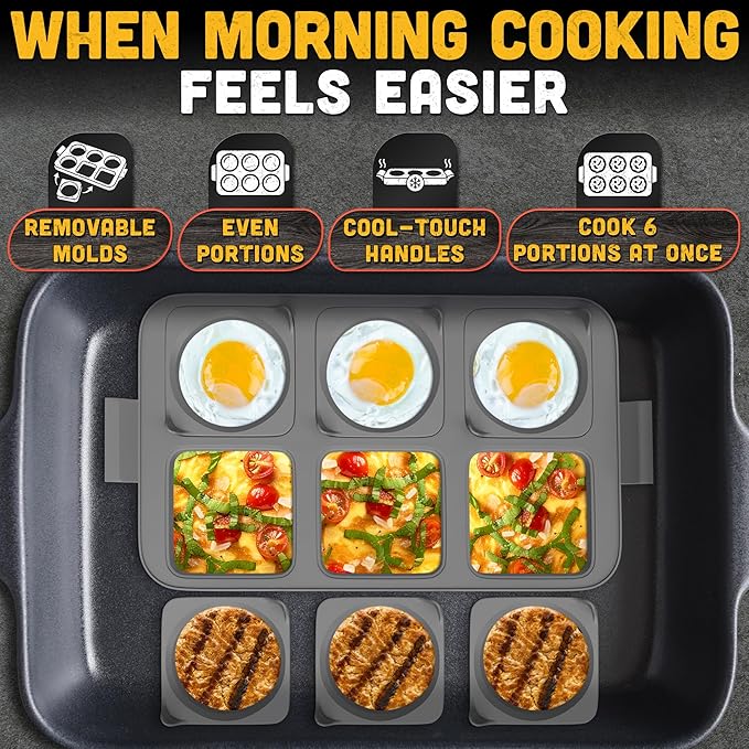 Silicone Egg Rings for Griddle - 16.5" x 9" BBQ Grill Pancake Mold Tray with 6 Round & Square Shapes - Silicone Egg Molds for Even Round Eggs, Patties, Burgers, Breakfast Sandwiches & Outdoor Cooking