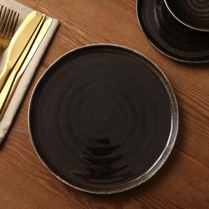 Gibson Elite Eclipse Swirls Plates and Bowls Sets, 12-Piece Stoneware Dinnerware Sets, Reactive Glaze Dish Set - Black