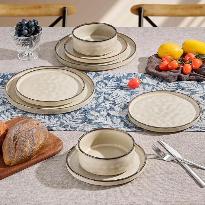 Herogo Dinnerware Dishes Sets, 18 Pieces Plates and Bowls Sets for 6, Kitchen Serving Dishes, Dishwasher & Microwave Safe, Cream Khaki