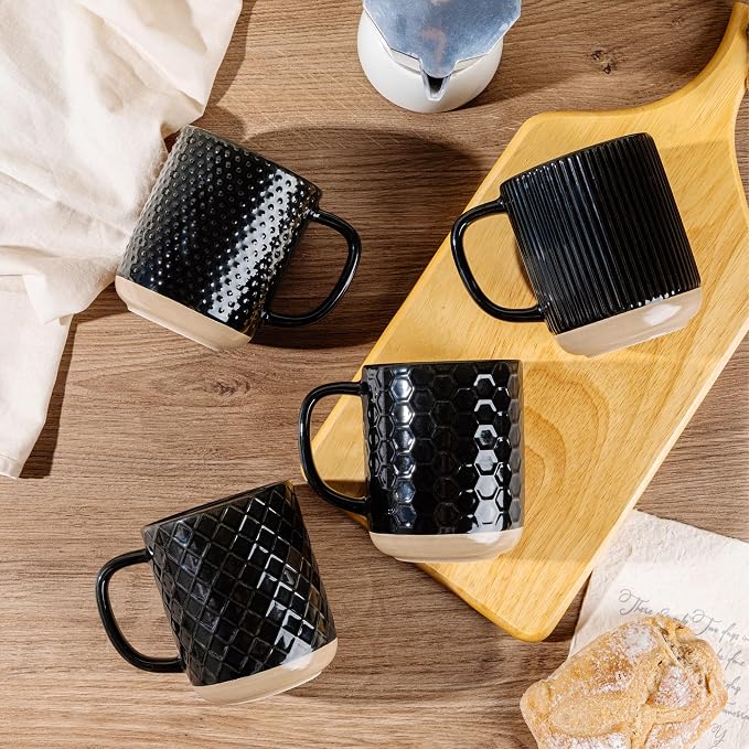 GBhome Coffee Mugs Set of 4, 12oz Handmade Stoneware Coffee Mugs Set with Large Handle for Cappuccino/Latte/Tea/Hot Cocoa, Dishwasher & Microwave Safe, Black