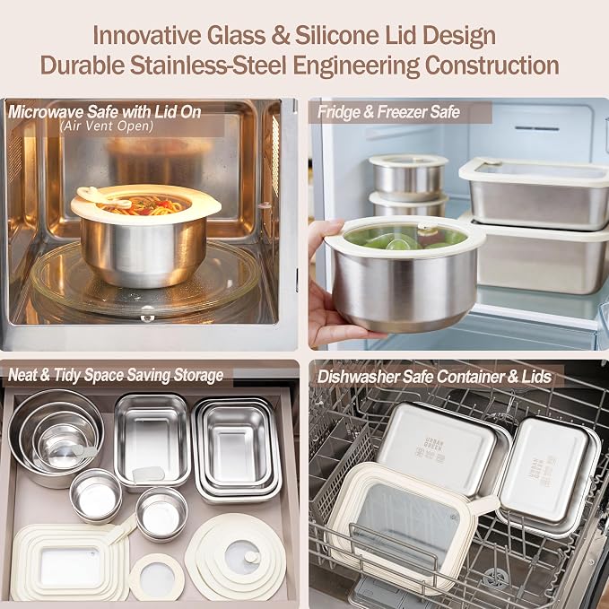 Urban Green Stainless Steel Food Containers with Glass Lid, Airtight Leakproof Stainless Steel Food Storage Container, Salad Bowl in set of 4, Round Shape, Microwave Safe, 100% Plastic Free