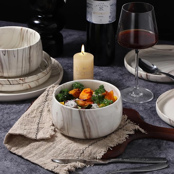 Lorren Home Trends Shiny Marble Pattern Dinnerware Set, 12 Piece Service for 4, Microwave and Dishwasher Safe