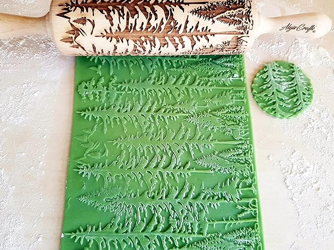 FOREST embossing rolling pin. Engraved wooden embossed dough roller for embossed cookies or clay by Algis Crafts