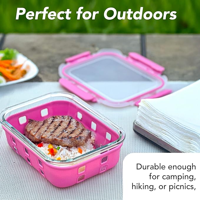 ECOBERI 4.5 Cup Glass Meal Prep Containers with Lids & Silicone Sleeves, 3-Pack Airtight, Leak-Resistant Food Storage Containers for Fridge, Freezer, Oven & Microwave