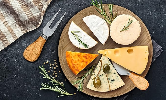 10” Round Cheese Bamboo Board Set with Cheese Knives for Charcuterie Boards, Bamboo