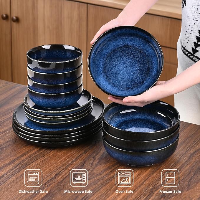 Porcelain Plates and Bowls Set for 4, 16 Pcs Ceramic Blue Reactive Glaze Dinnerware Set with Pasta Bowls, Kitchen Dish Set with Double Bowls, Microwave and Dishwasher Safe