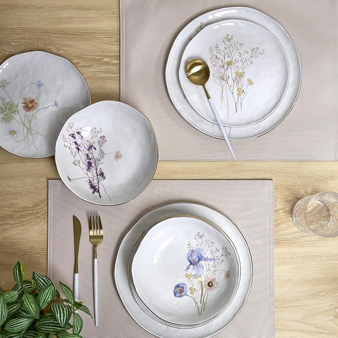 Sango 12-Piece Luxury Porcelain Dinnerware Set for 4- Glossy White Plates and Bowls Sets with Wildflower Patterns and Gold Rims, Ceramic Dish Set, Elegant Dishes for Everyday Dining, Gansevoort
