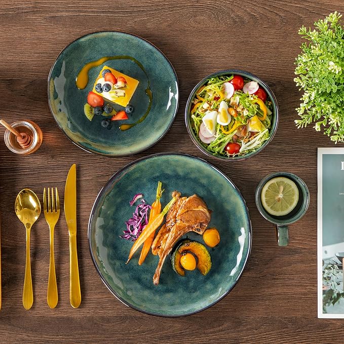 vancasso Ceramic Dinnerware Sets for 4, 16 Pieces Handmade Reactive Glaze Dishes Set, Elegant Stoneware Plates and Bowls Sets with Mugs, Dishwasher and Microwave Safe, Starry Green