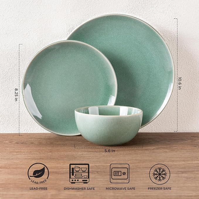 GBHOME Ceramic Dinnerware Sets for 8, 24 Pieces Stoneware Plates and Bowls Sets, Reactive Glaze Dish set -Scratch Resistant, Dishwasher&Microwave Safe-Malachite Green