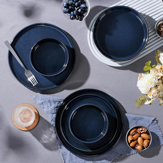 LIANYU Dinnerware Sets with Pasta Bowls for 4, 16 Piece Dishes Plates and Bowls Set, Microwave & Dishwasher Safe Ceramic Stoneware, Scratch Resistance Dinner Salad Plates, Twilight Blue