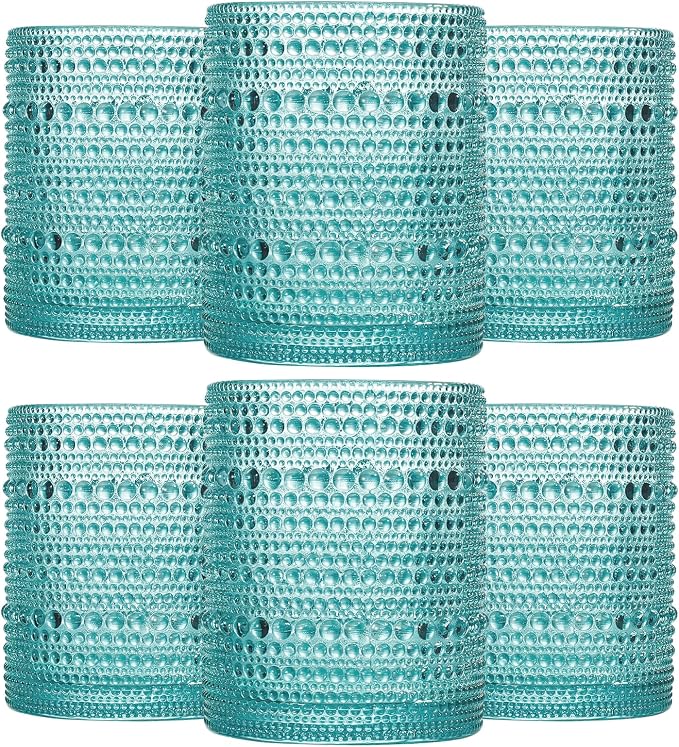 JOVGANK Mint Green Vintage Hobnail Drinking Glasses Set of 6, Embossed Water Tumbler 12oz, Kitchen & Bar Beaded Glass Cups, Beverage Glass Cups for Water, Beer, Juice, Housewarming
