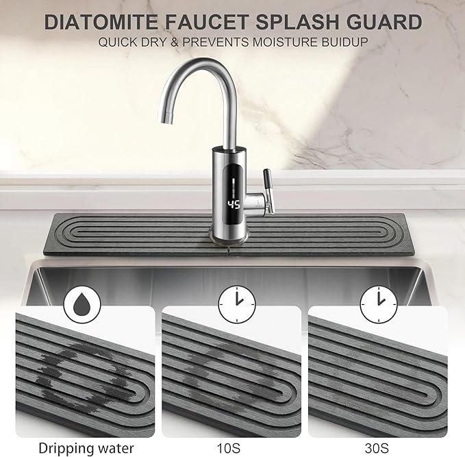 Faucet Mat for Kitchen Sink, Diatomite Fast Drying Stone Sink Tray, Super Absorbent, Prevents Moisture Buildup - Faucet Splash Guard for Bathroom Counter, Kitchen [Dark Grey, 23.6" x 3.9"]