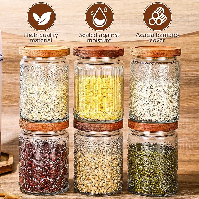 Sumind 6 Pcs Vintage Glass Jars with Wooden Lids 24 oz Airtight Glass Food Storage Containers Sets Clear Rustic Canisters Decorative Storage Jars for Spice Coffee Tea Candy Cereal Flour(Retro)