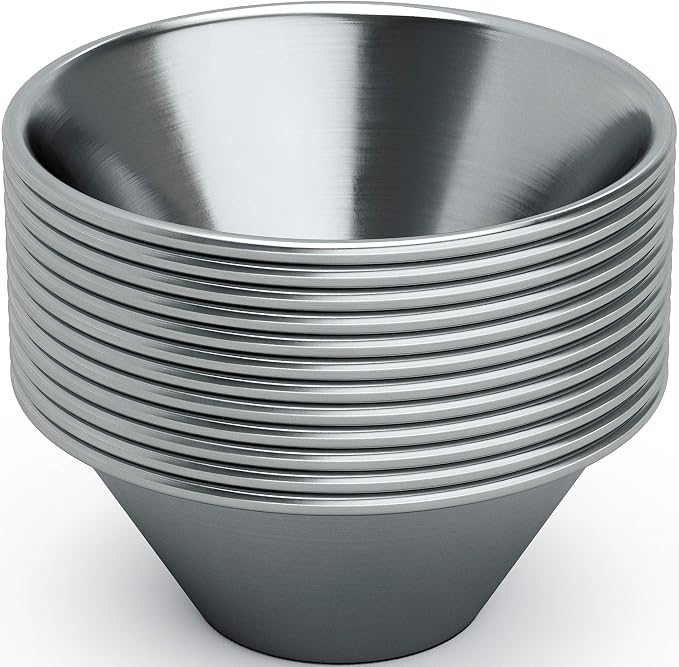 Pro Grade Stainless Steel 1.5oz Sauce Cups 12 Pk. Reusable, Stackable Metal Portion Containers for Sampling, Salad Dressing, Sides or Dipping Sauces. Small Ramekin for Restaurant Catering or Deli.