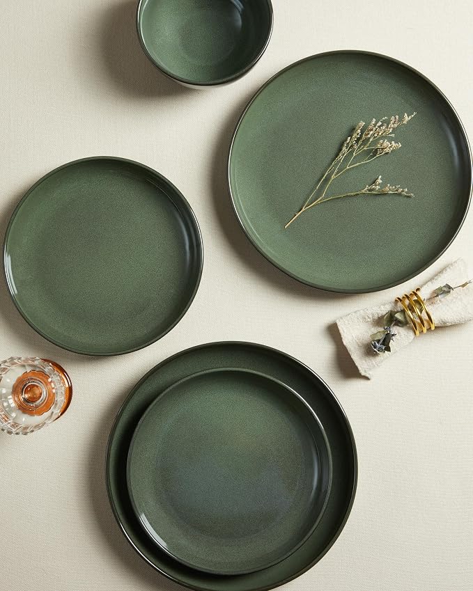 Pokini Stoneware Dinnerware Sets for 6, 18 Piece Microwave Safe Plate and Bowl Set, Easy to Clean & Durable Dishes Sets for Small to Medium Families, Forest Green