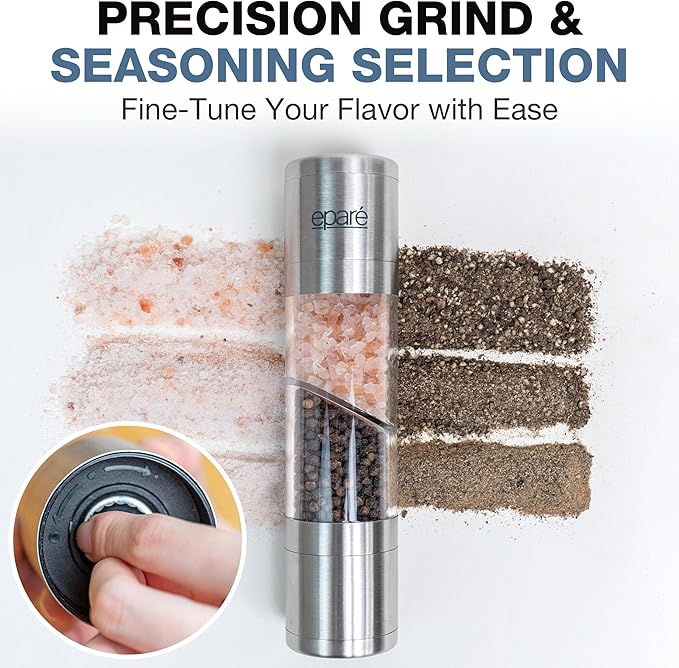Eparé Bundle: Salt or Pepper Grinder & 2 in 1 Salt & Pepper Grinder - Battery Operated Ceramic Burr Peppermill & Space Saver Dual Mill Grinders