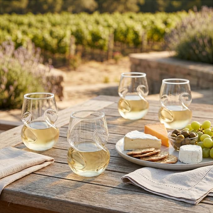 Final Touch Conundrum White Wine Glasses - Set of 4 Stemless Handcrafted Glasses - 9 oz Capacity - Sleek Curves for Comfortable Tasting - Dishwasher Safe (GG5008)