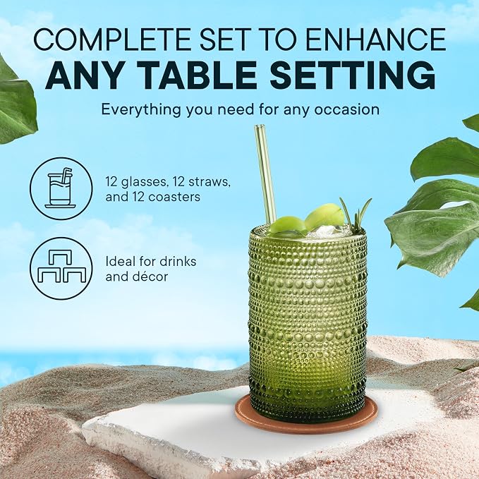 15 Oz Hobnail Drinking Glasses, Green, Set of 12 | With Straws, With Coasters