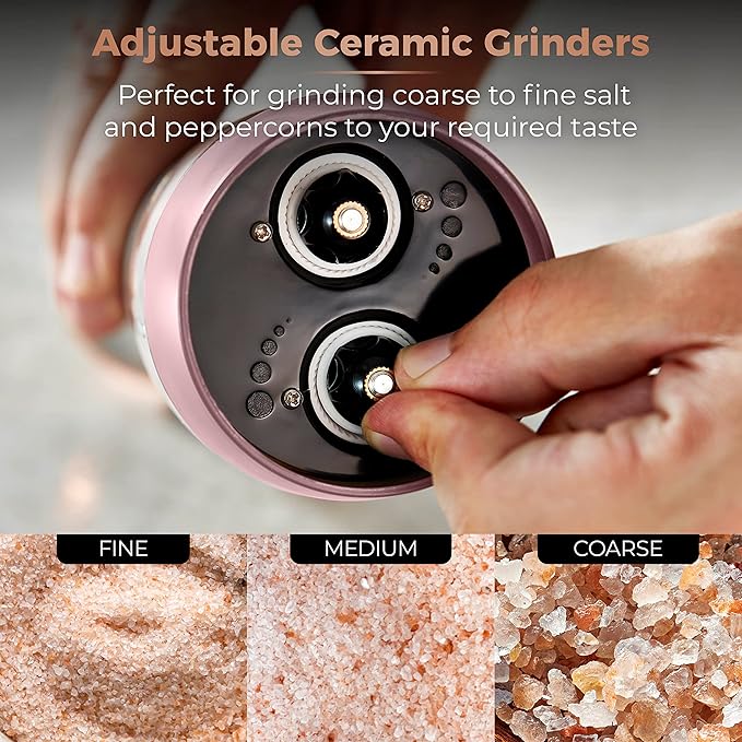 Tower T847004PNK Electric Salt and Pepper Mills, Battery Operated with Adjustable Ceramic Grinders, Pink and Rose Gold