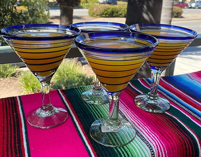 Mexican Hand Blown Glass – Set of 4 Hand Blown Modern Margarita Glasses - Blue Spiral (12 oz)