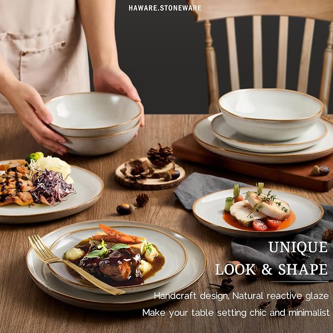 HaWare Plates and Bowls Set, Stoneware Dinnerware Sets, 16-Piece Hand-painted Dishware for 4, Ceramic Dish Set for Home Kitchen, Scratch Resistant, Microwave and Dishwasher Safe, Reactive Pearl White